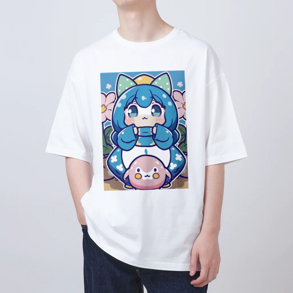 カピパーラ🐻の青い髪の姫とピンクのかわいい生物♪ オーバーサイズTシャツ