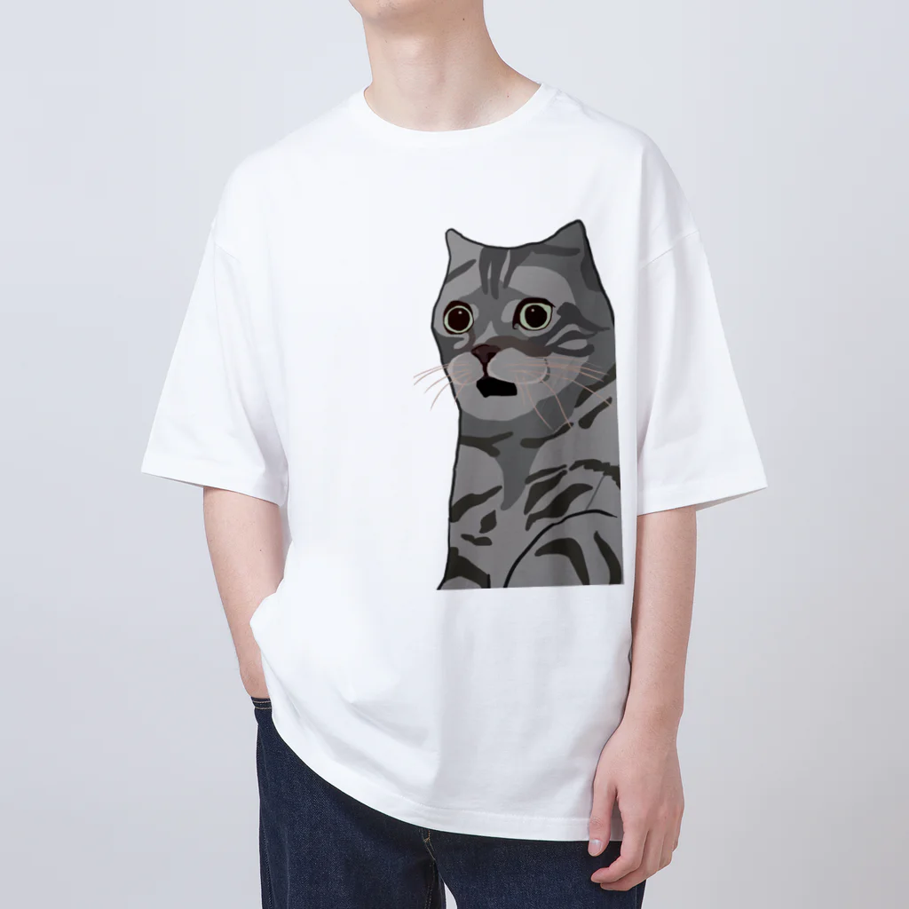 手書きイラストで猫ミームの困惑する猫 オーバーサイズTシャツ