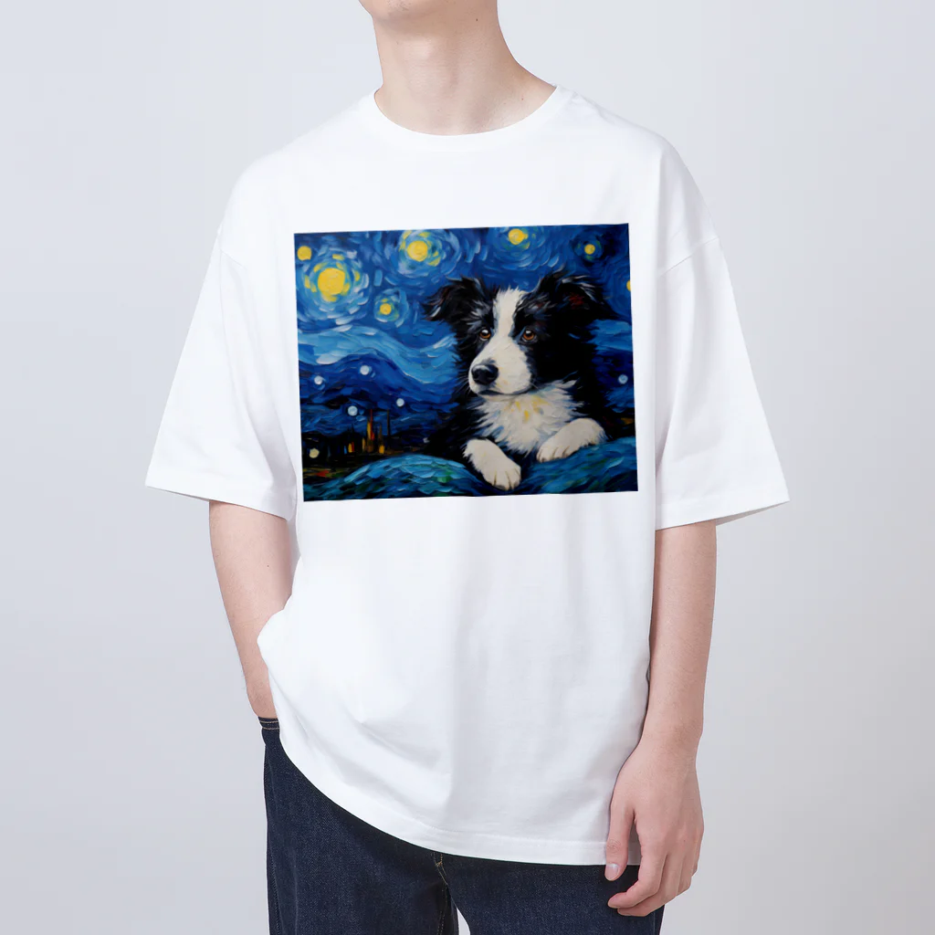 Dog Art Museumの【星降る夜 - ボーダーコリー犬の子犬 No.1】 オーバーサイズTシャツ