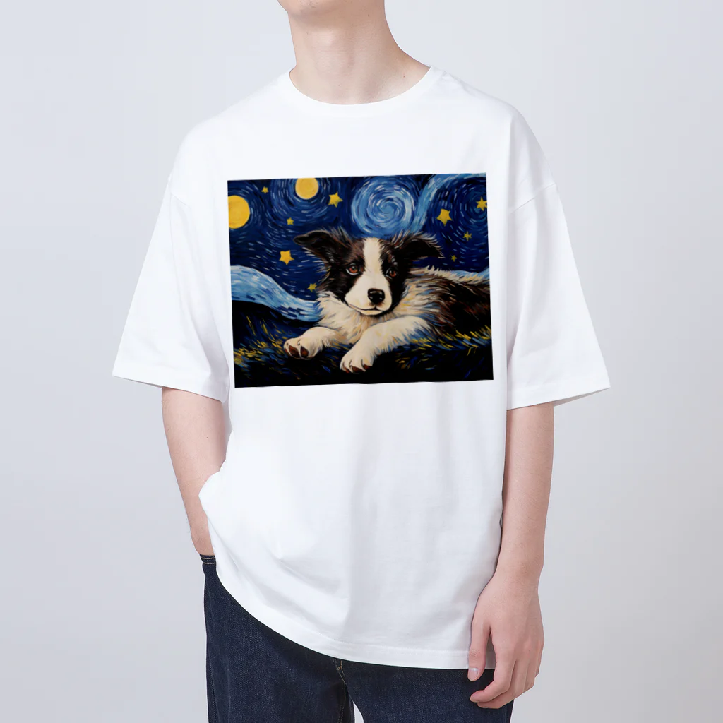 Dog Art Museumの【星降る夜 - ボーダーコリー犬の子犬 No.3】 Oversized T-Shirt