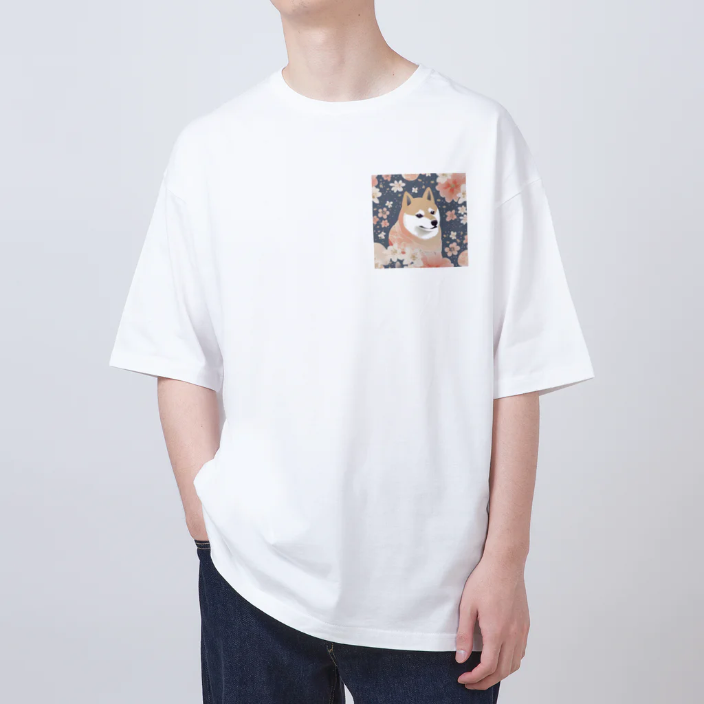 Grazing Wombatの日本画風、柴犬と桜２-Japanese-style painting of a Shiba Inu with cherry blossoms 2 Oversized T-Shirt