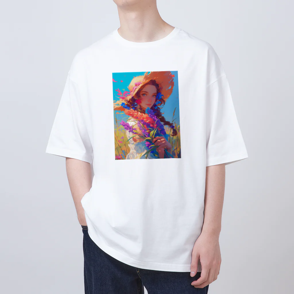 AQUAMETAVERSEのツバの広い帽子と春の花　ラフルール　1859 オーバーサイズTシャツ