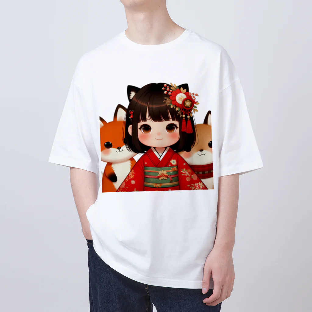 まんまるちゃんの狐娘とかわいい狐 オーバーサイズTシャツ