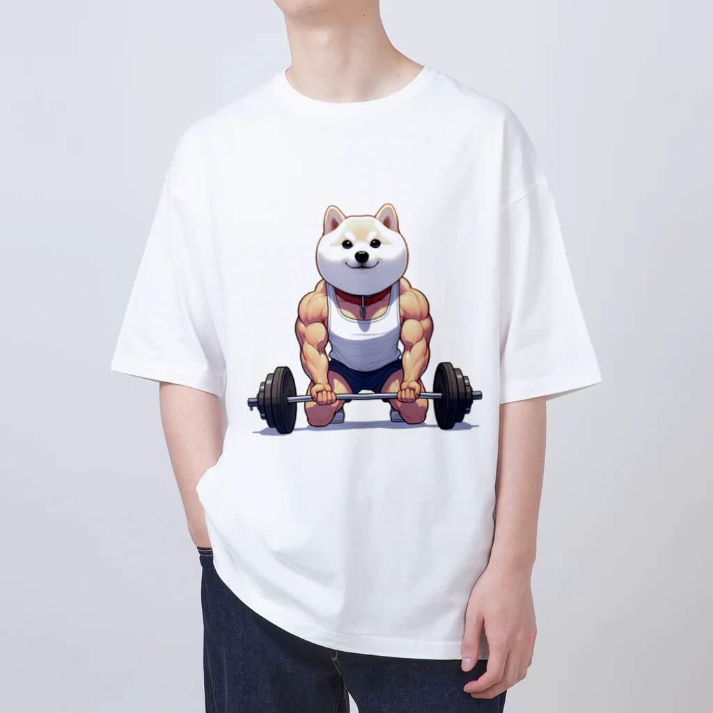 柴犬に囲まれたいのバーベルを上げようとするムキムキの白柴犬 オーバーサイズTシャツ