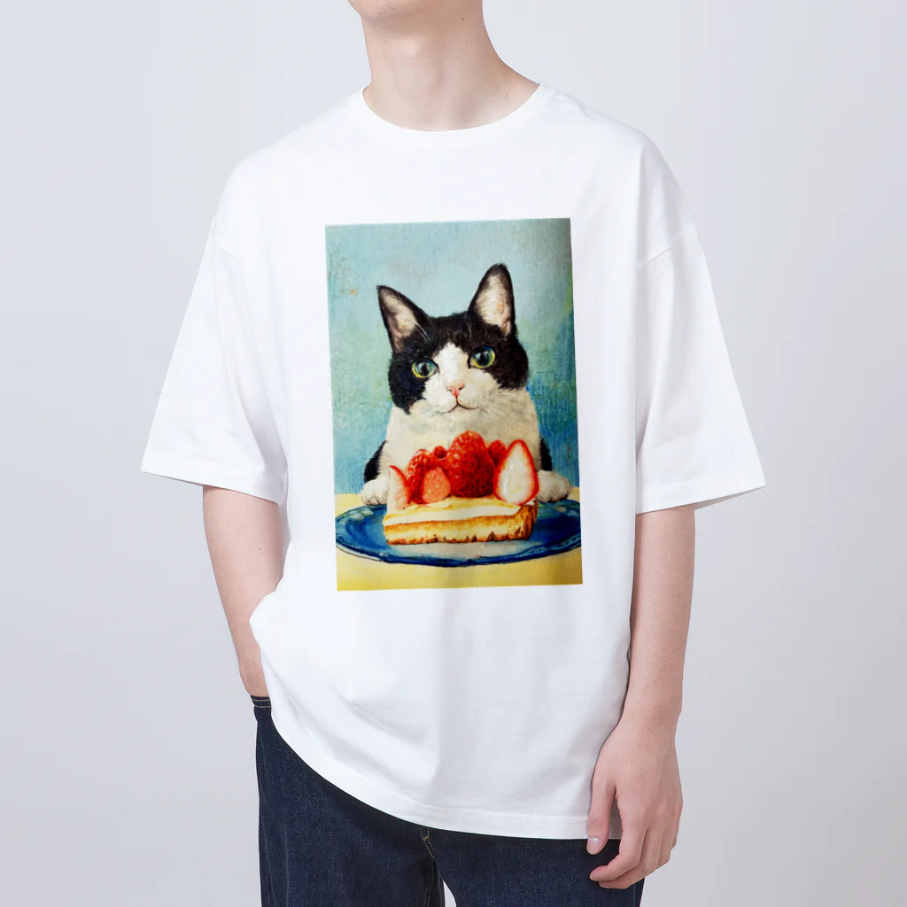 猫竹（nekotake)のいちごタルトケーキと黒白猫ちゃん オーバーサイズTシャツ