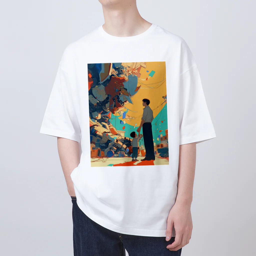 AQUAMETAVERSEの父と子の前に巨大ロボツトが　なでしこ1478 オーバーサイズTシャツ