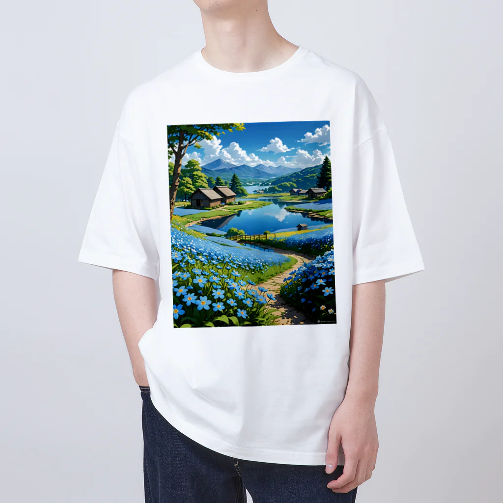 くりちゃんの湖のほとり青の草原 オーバーサイズTシャツ