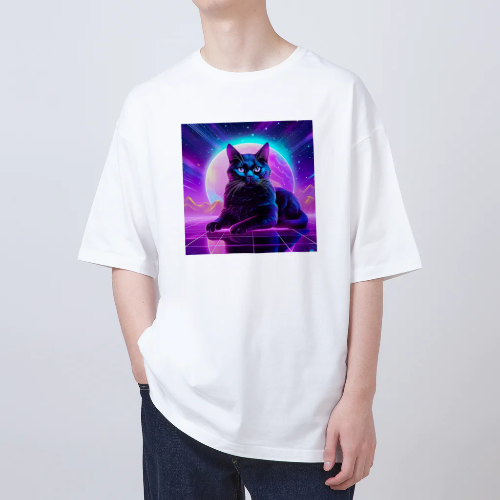 黒猫ファブリックのBlack Cat in The VaporWave World.(蒸気波世界のクロネコ) オーバーサイズTシャツ