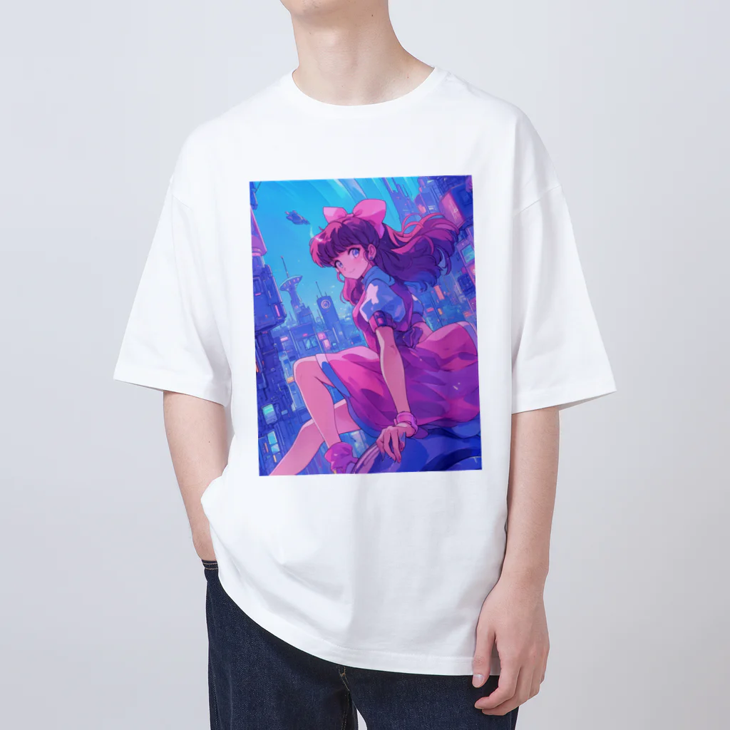 シロクマペンギンの昭和レトロアニメ風近未来ガール Oversized T-Shirt