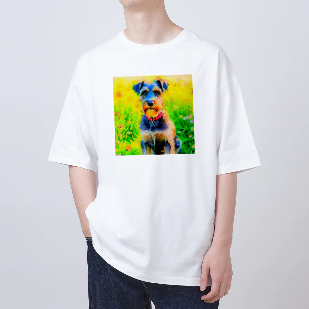 犬好きのしましまの水彩画の犬 花畑のシュナウザーのイラスト オーバーサイズTシャツ