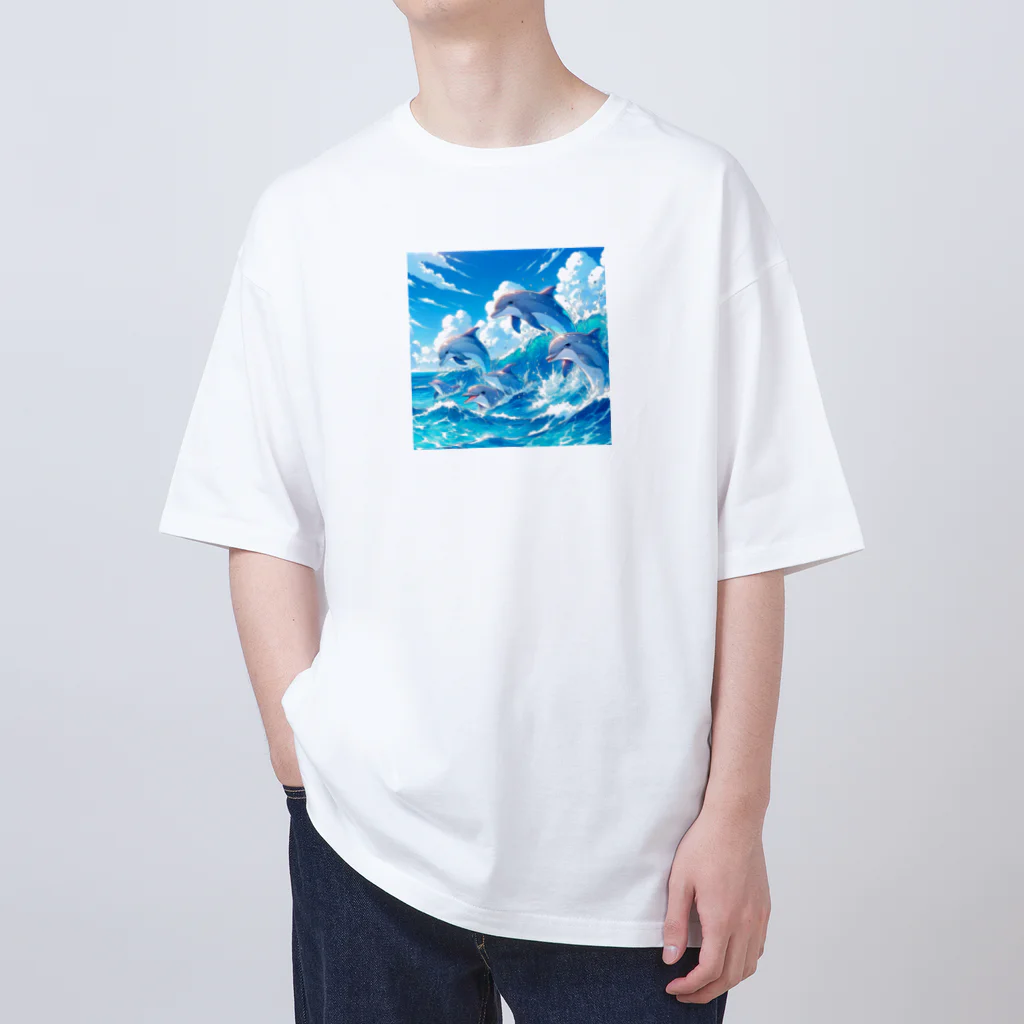 snow-birdの海で遊ぶイルカたちの楽しい風景 オーバーサイズTシャツ