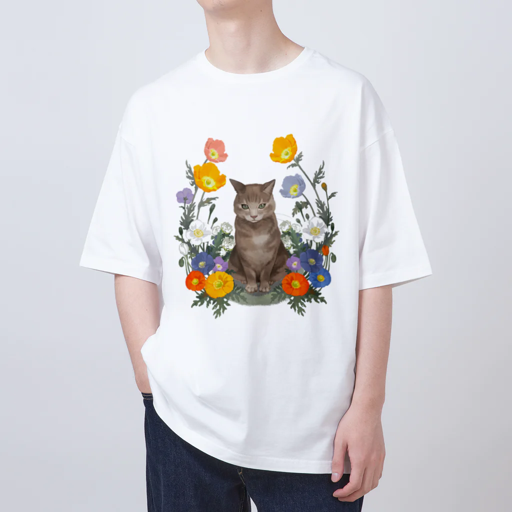 MIdesignの花と猫 オーバーサイズTシャツ