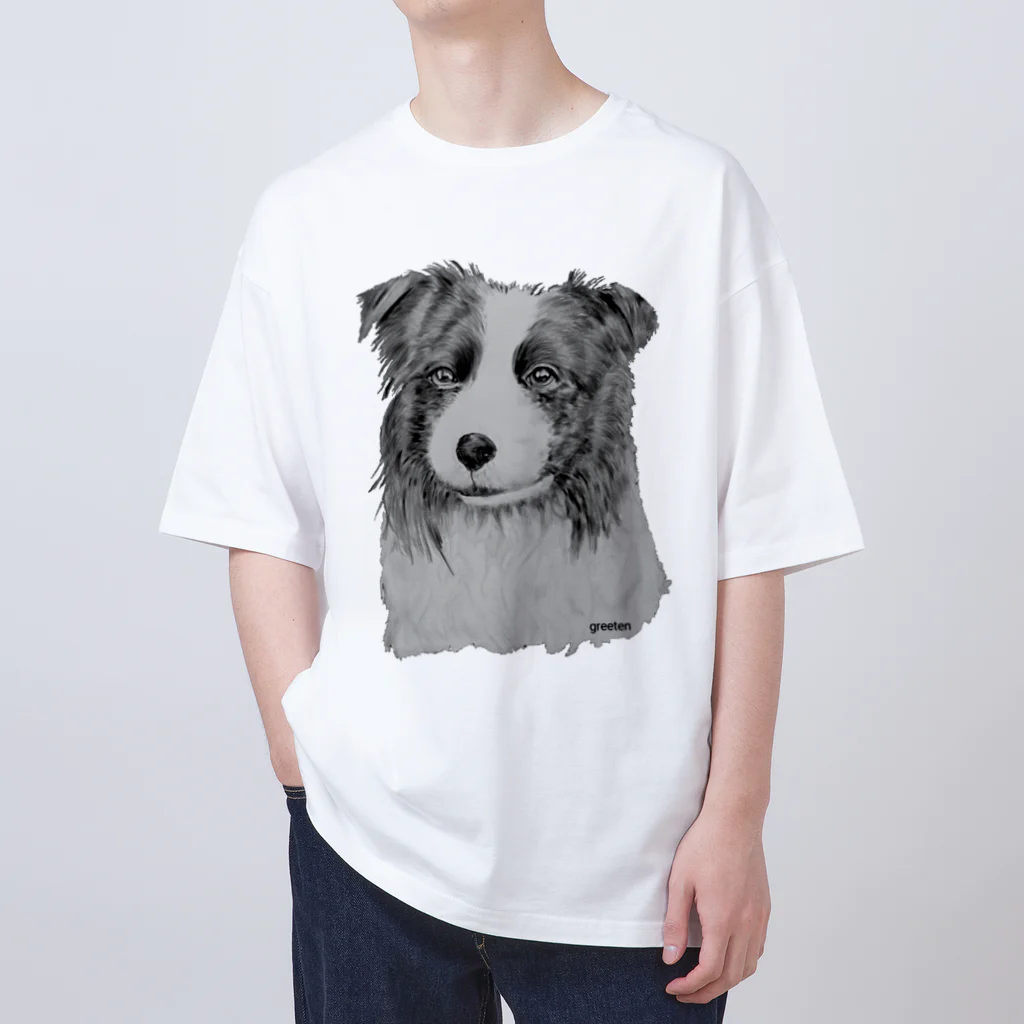 greetenのボーダーコリー　アート犬モノクロ オーバーサイズTシャツ