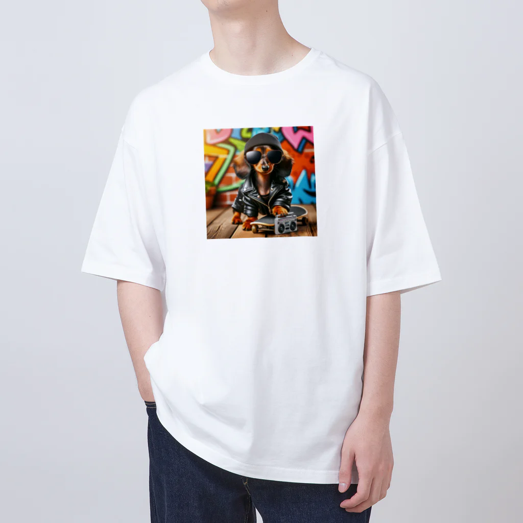 W-designのロックに決めているミニチュアダックス Oversized T-Shirt