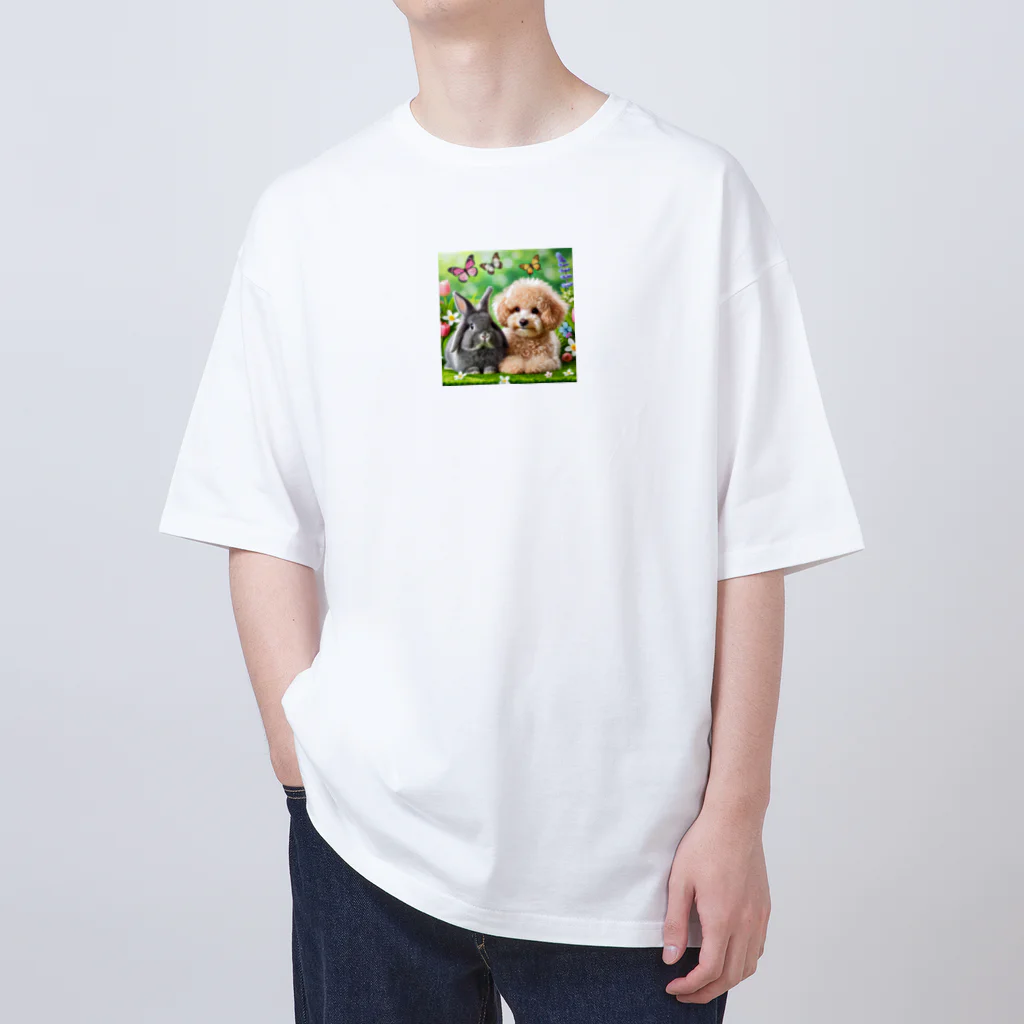 hachitaroのうさぎのネザーランドドワーフと犬のトイプードル オーバーサイズTシャツ