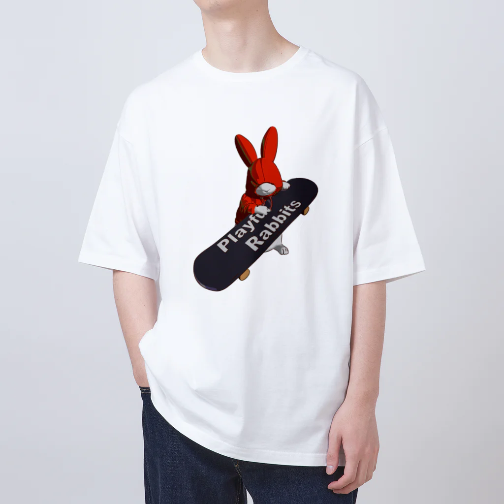 鬼鞍 ONIKURAのPlayful Rabbits レッド オーバーサイズTシャツ