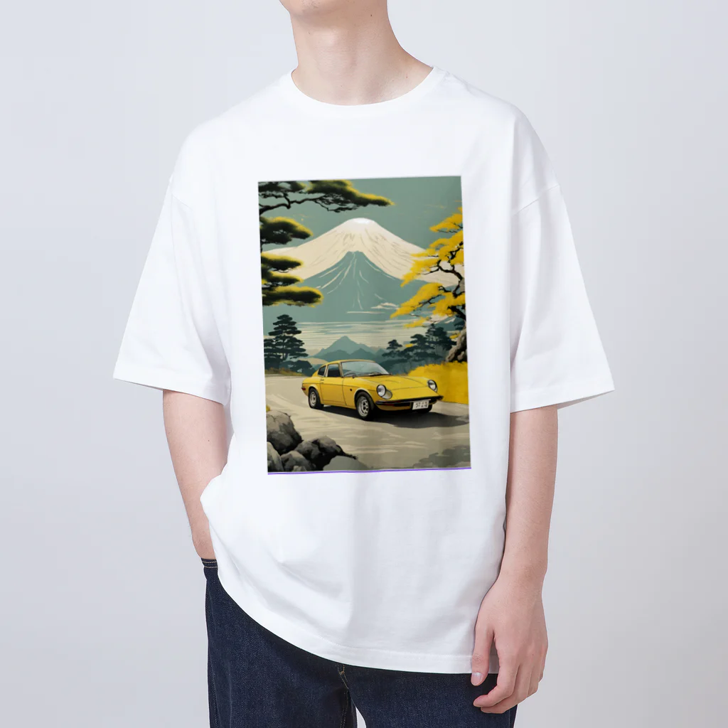 JapanCarStyleの黄色いスポーツカーと日本の風景 オーバーサイズTシャツ