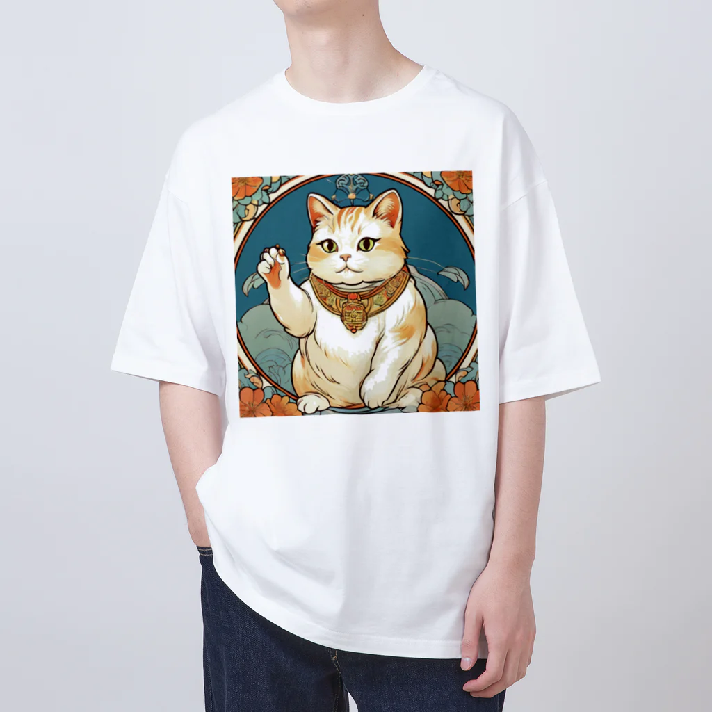 ゆまちゃんの開運雑貨屋さんの夜のミュシャ風招き猫 オーバーサイズTシャツ