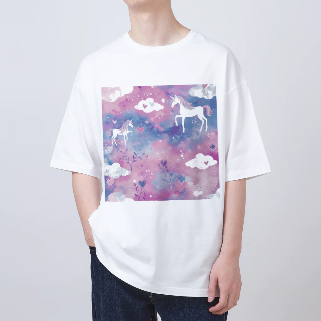 オンラインショップイエローリーフのユニコーン　ハート　赤　黒　青　可愛い Oversized T-Shirt