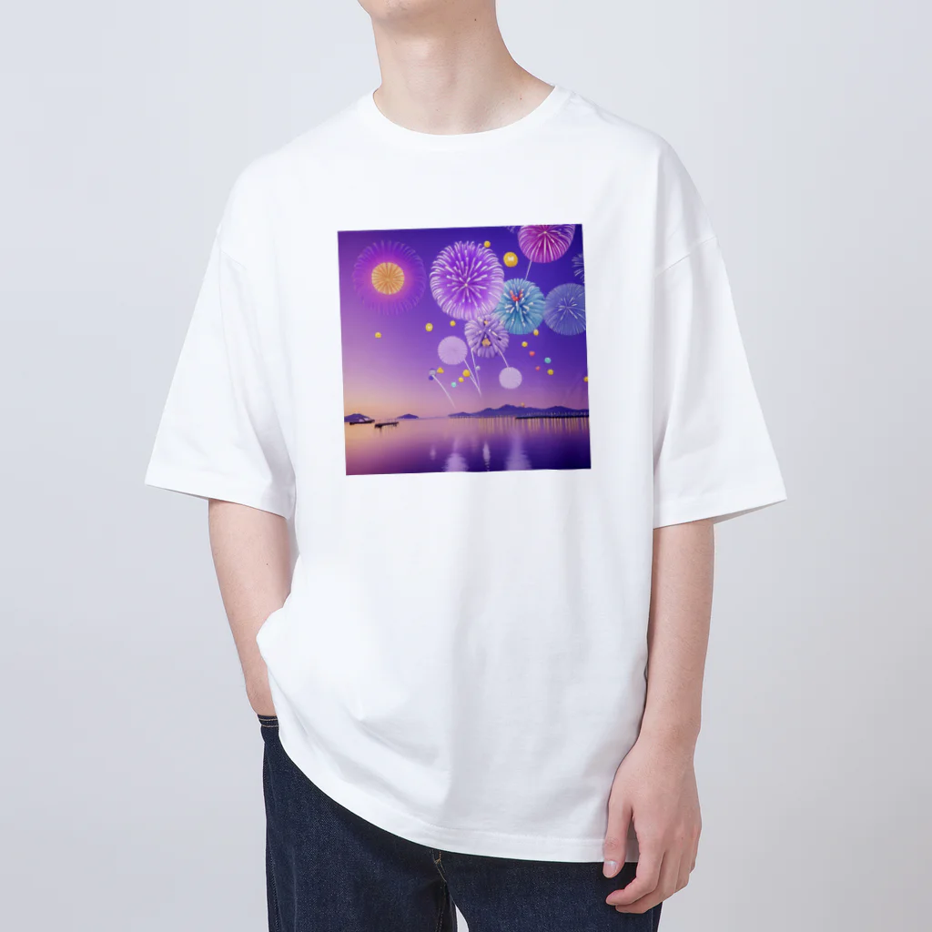 chan-takehaniの夕暮れの湖と幻想的な花火 オーバーサイズTシャツ