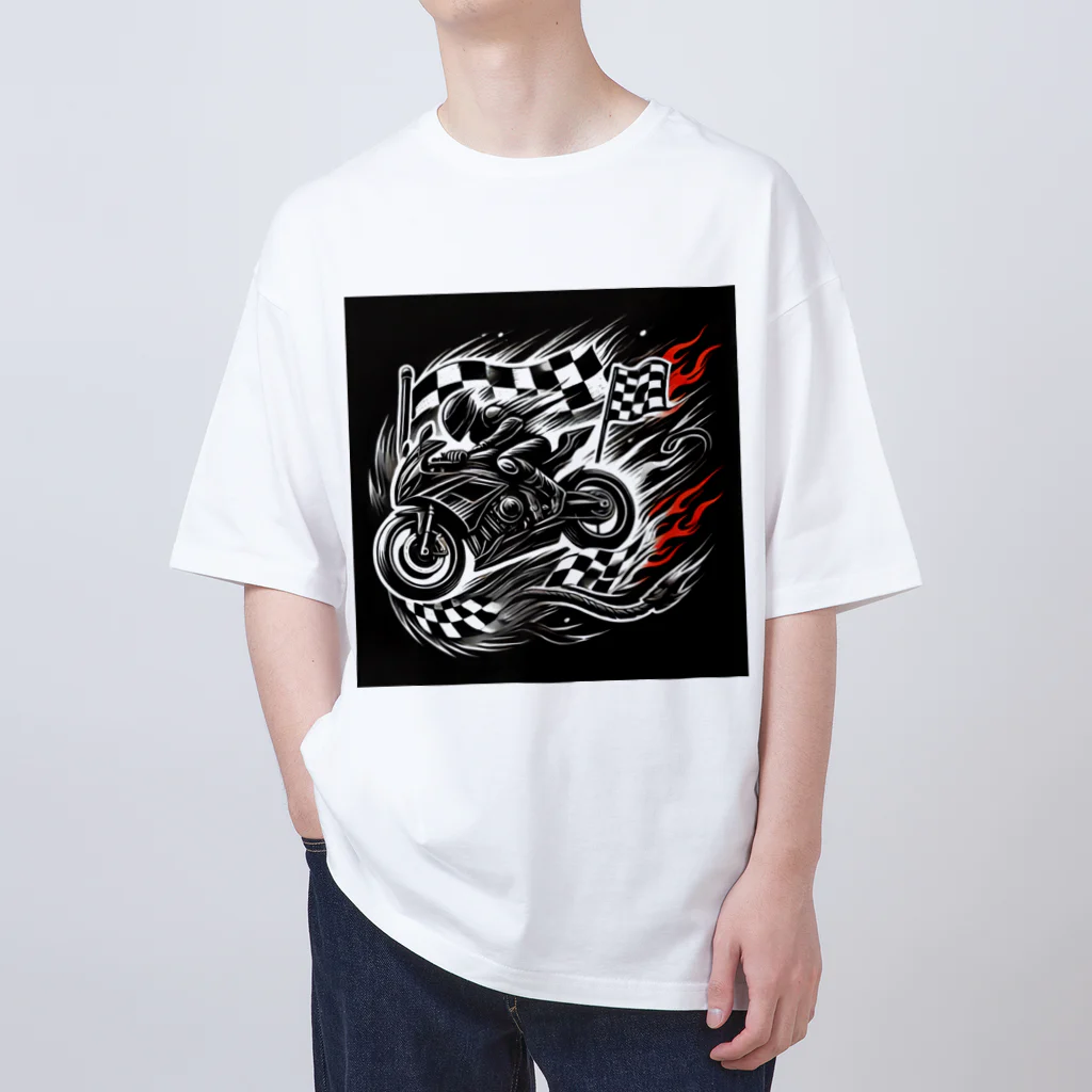 the blue seasonのスピードと情熱の象徴：バイクとレースフラッグのワイルドロゴ オーバーサイズTシャツ