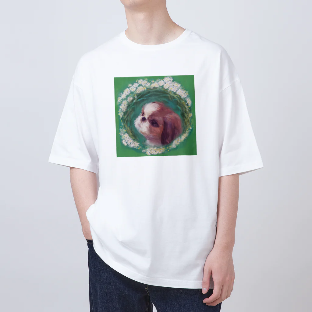 NORIMA'S SHOP のかわいいシーズー 犬と雪柳のフラワーリース オーバーサイズTシャツ