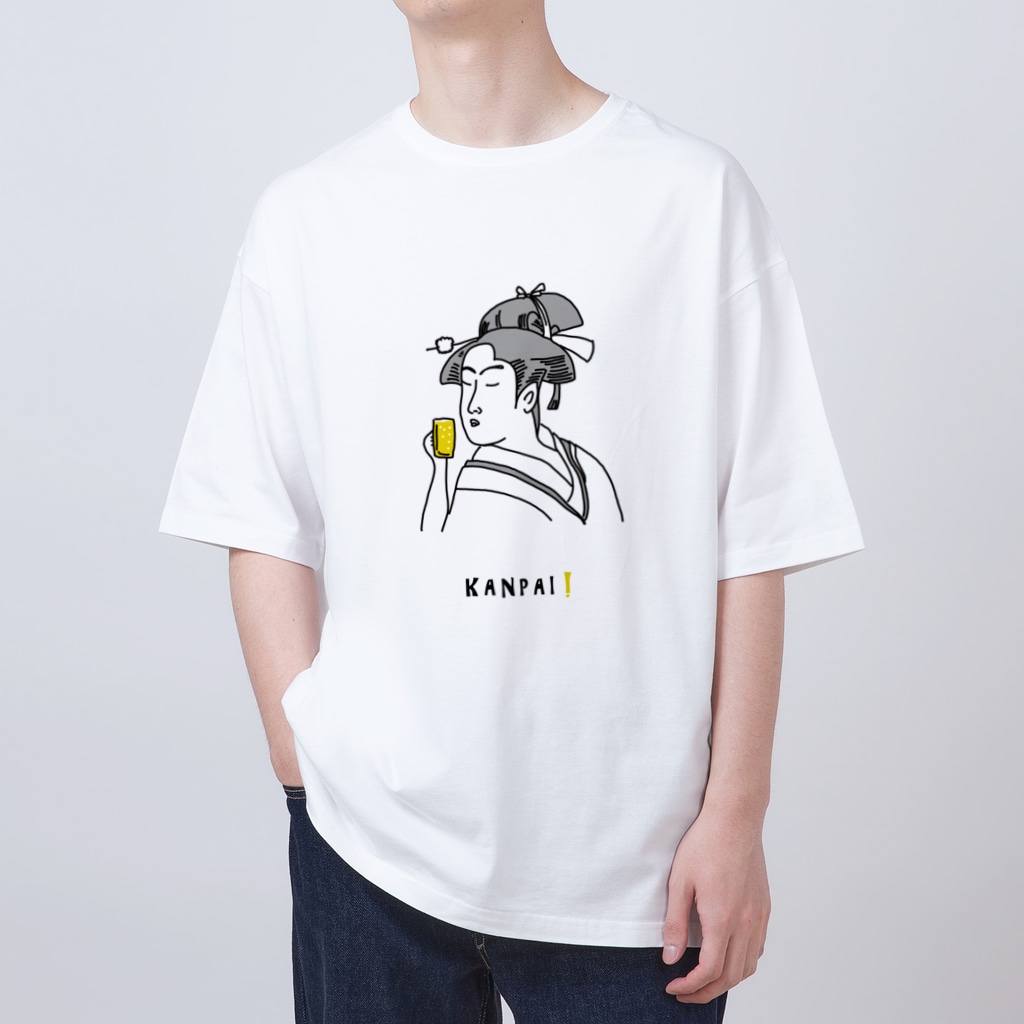 ビールとアート TM-3 Designの名画 × BEER（美人画）黒線画 Oversized T-Shirt