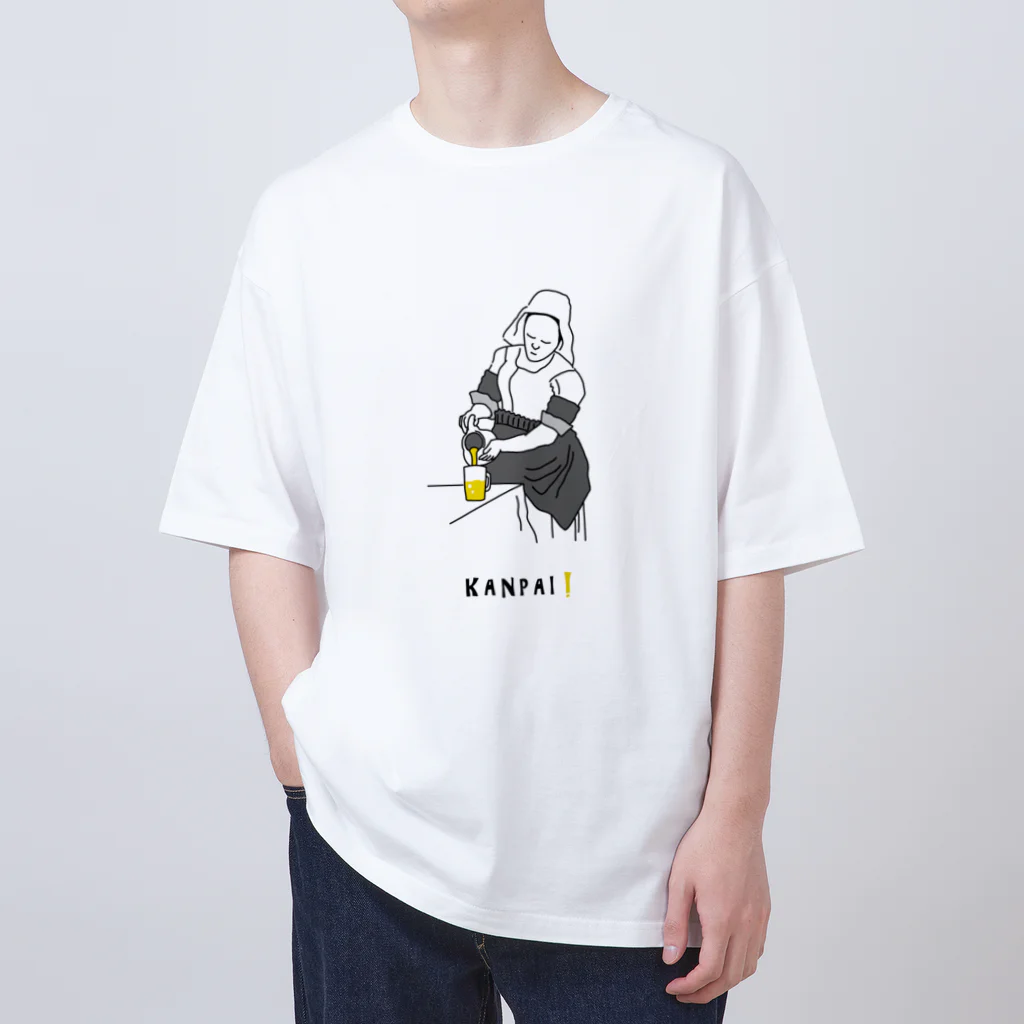 ビールとアート TM-3 Designの名画 × BEER（牛乳を注ぐ女）黒線画 オーバーサイズTシャツ