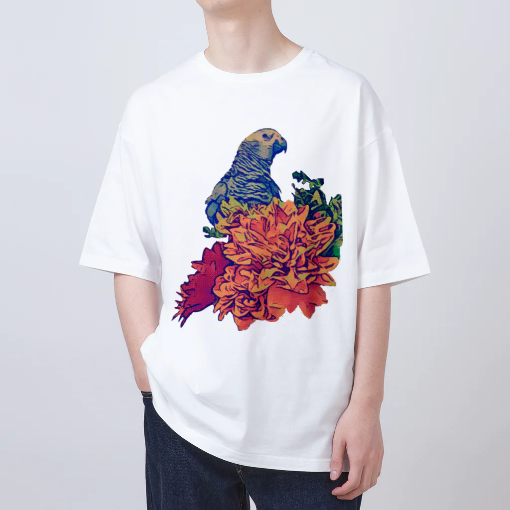 愉快なインコ達のヨウムと花 オーバーサイズTシャツ