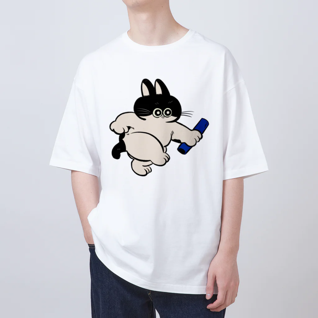 愉快レトロ雑貨屋★39太郎のバトンタッチ猫★ぽんちゃん(青組) Oversized T-Shirt