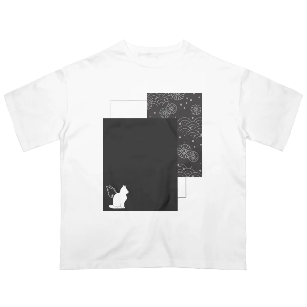 いろはにゃんこ堂の羽ねこさん(和柄/灰色) オーバーサイズTシャツ