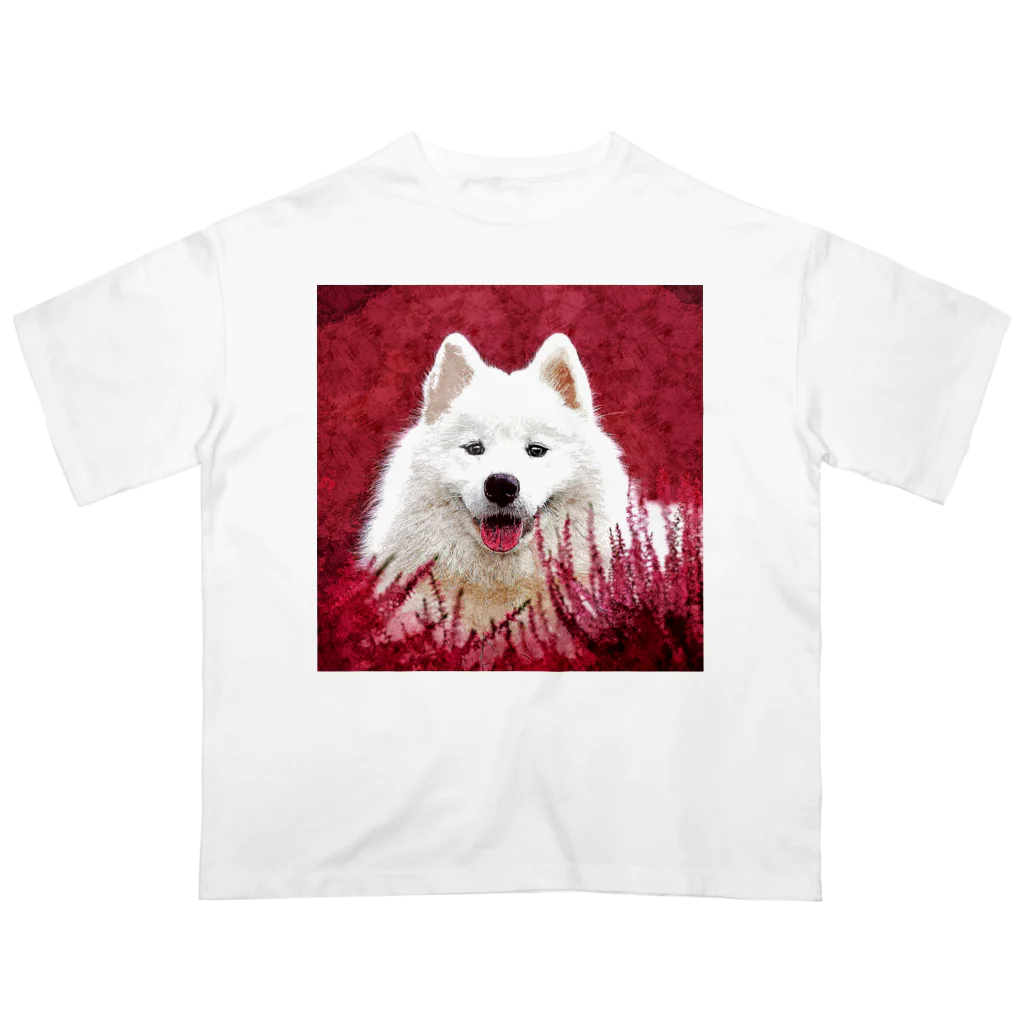 【CPPAS】Custom Pet Portrait Art Studioの 赤い畑の中のサモエドドッグ オーバーサイズTシャツ