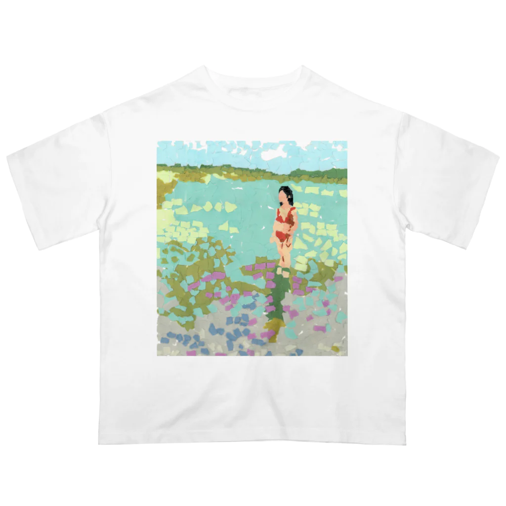 Yuhki | おばけのゆうき 公式オンラインショップ　【ちぎり絵・貼り絵のTシャツ・パーカー・スマホケース・バッグ・日用品・雑貨・文具・ドッグTシャツなど販売中】の海と赤ビキニの女(ちぎり絵) オーバーサイズTシャツ