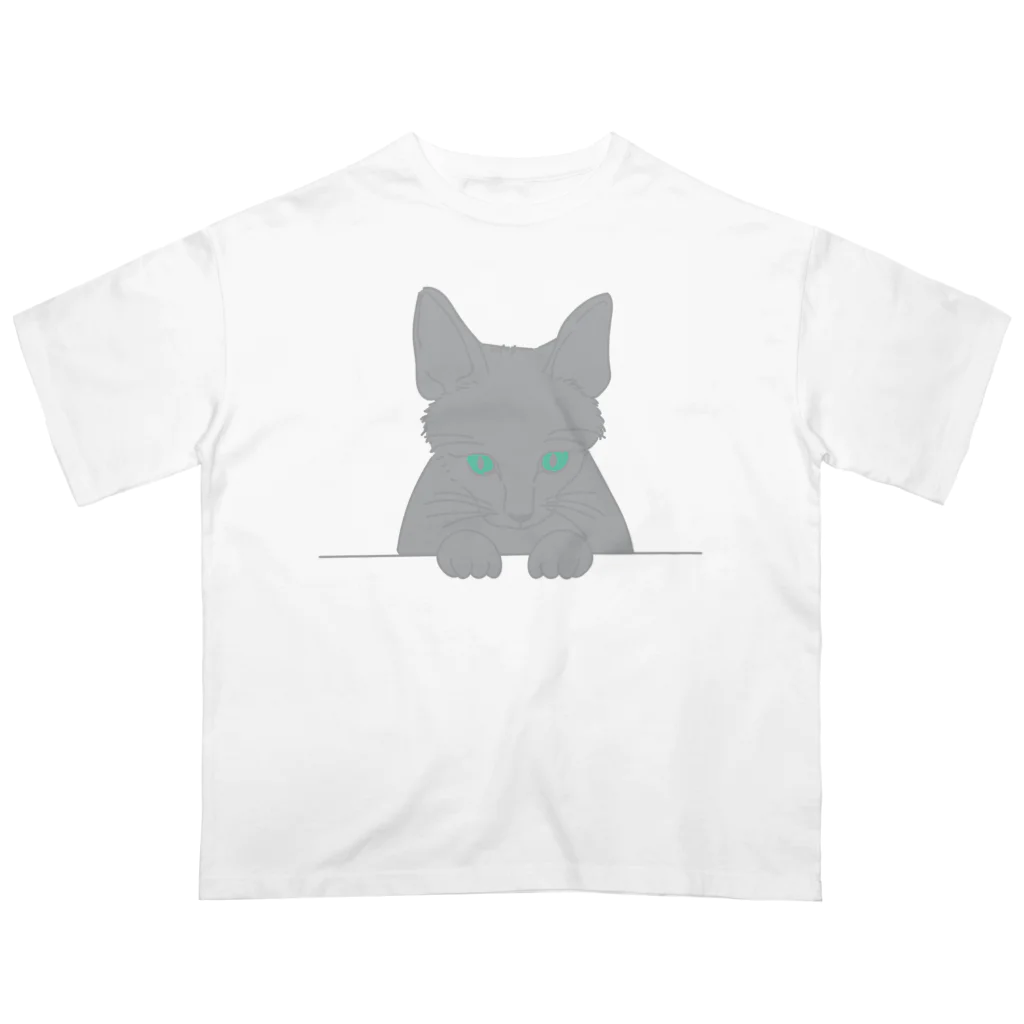 cuchito cuchitoのひょっこり顔出し猫　グレー オーバーサイズTシャツ