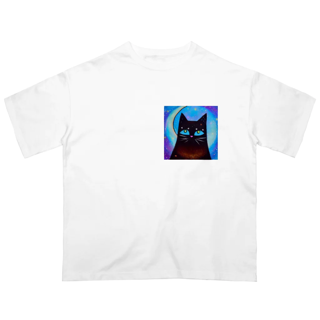 宇宙猫のクロネコと宇宙 オーバーサイズTシャツ