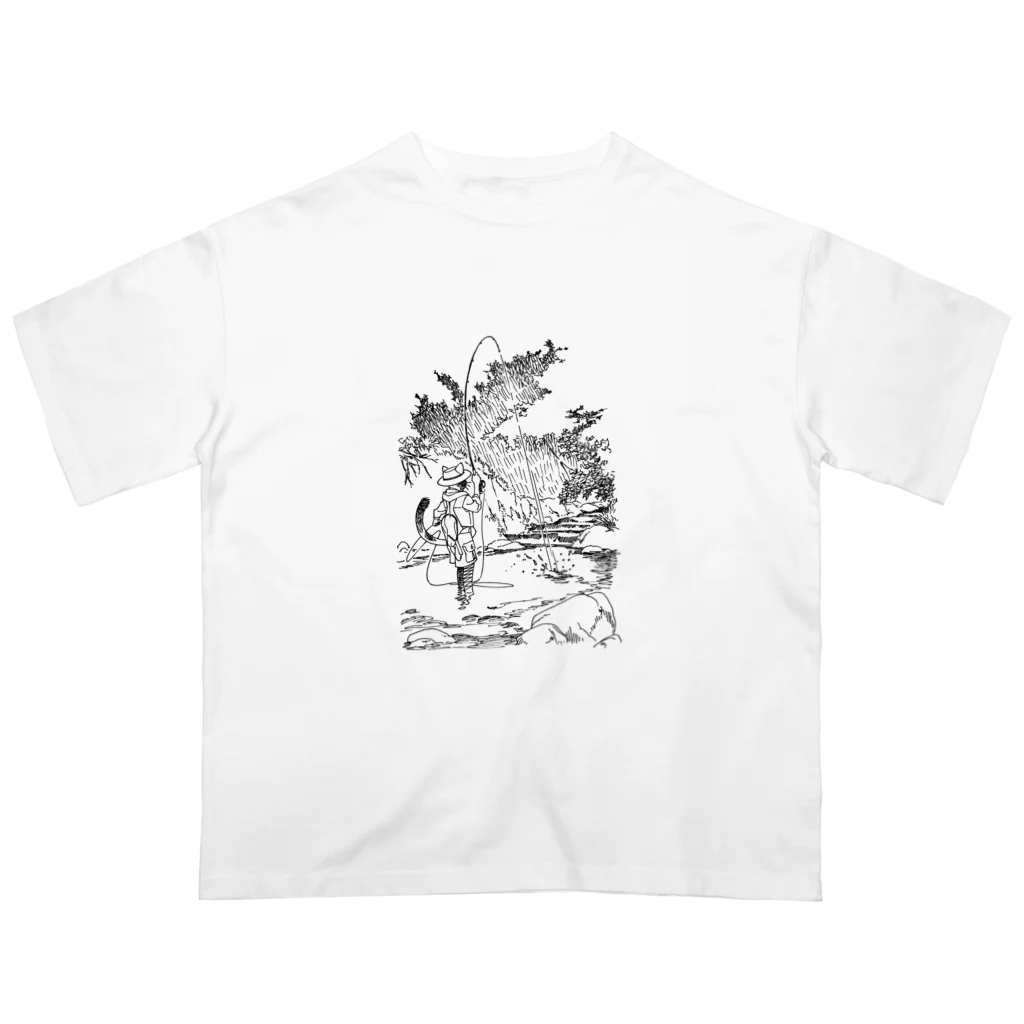 空想画学販売所のフライフィッシングのネコ釣り人 Oversized T-Shirt