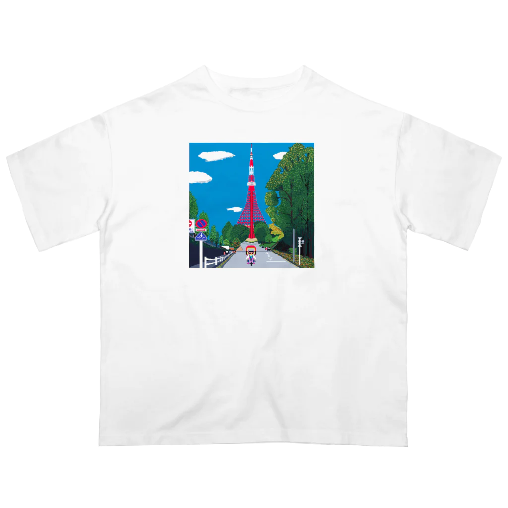 Ruru's worldの01ドット絵　ruruちゃん/三輪車でお散歩　東京タワー編 オーバーサイズTシャツ