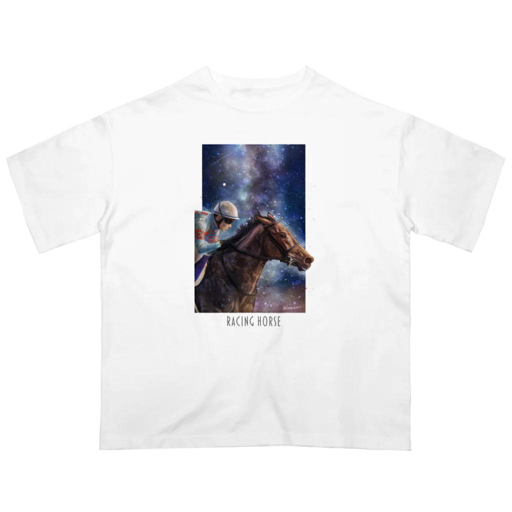 POPPY＿moooo  チャリティーショップの星空と競走馬　文字あり オーバーサイズTシャツ