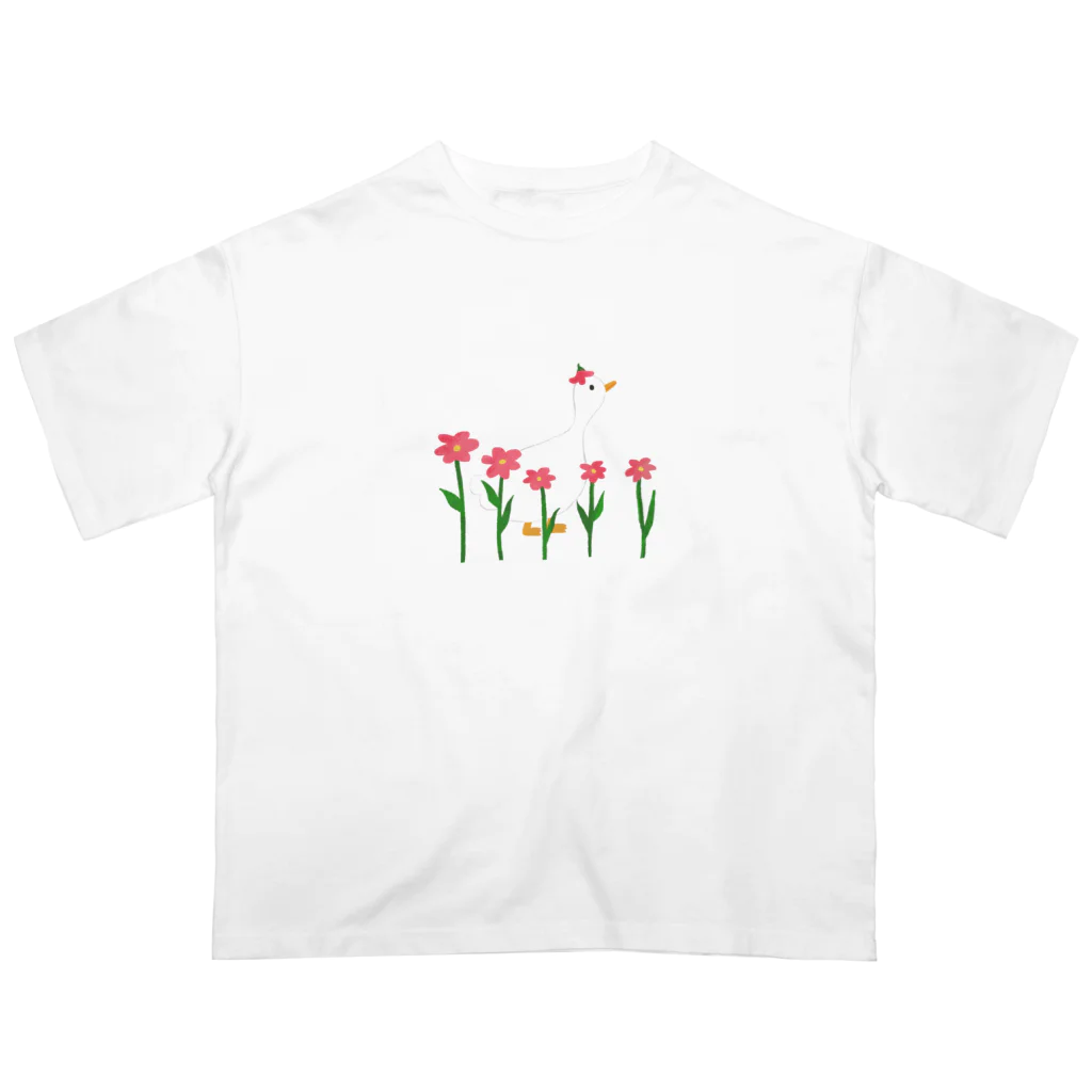 とりやまいろいろグッズの枠なしあひるとお花 Oversized T-Shirt