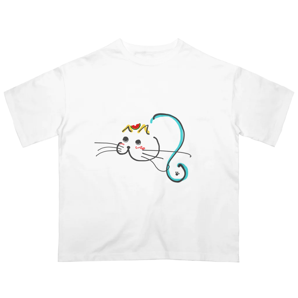 三毛猫ムタくんのスイカと猫 オーバーサイズTシャツ