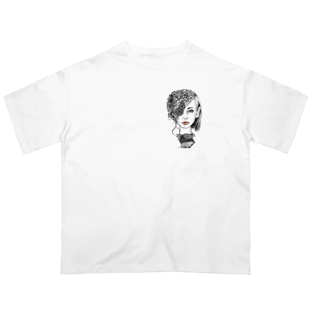 にがおえ屋flapのペン画女の子 オーバーサイズTシャツ