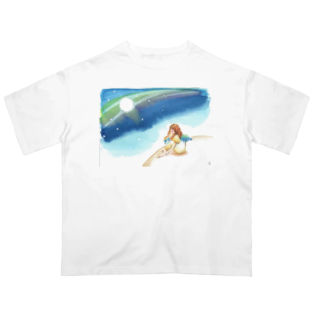 Shinanin 天使のイラストグッズの金色の星の上にいる天使と青い鳥 Oversized T-Shirt