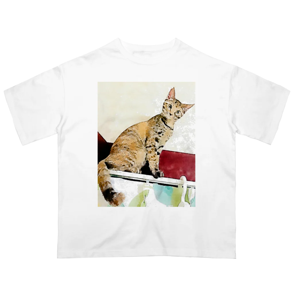 コハクのカーテンレールからニャンコ🐱 オーバーサイズTシャツ