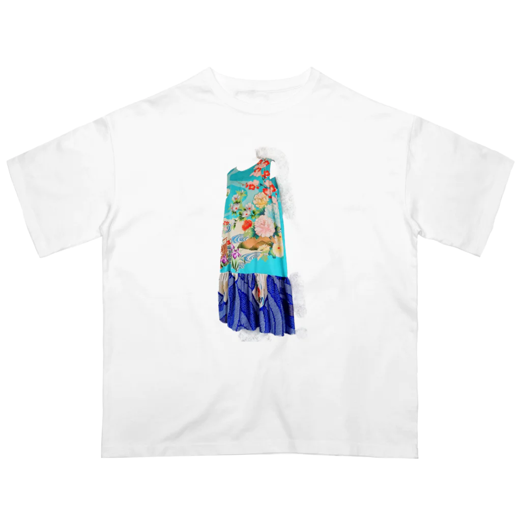 KeishopCreations - 日本の美をあなたにのハンドメイドリメイク着物青 オーバーサイズTシャツ