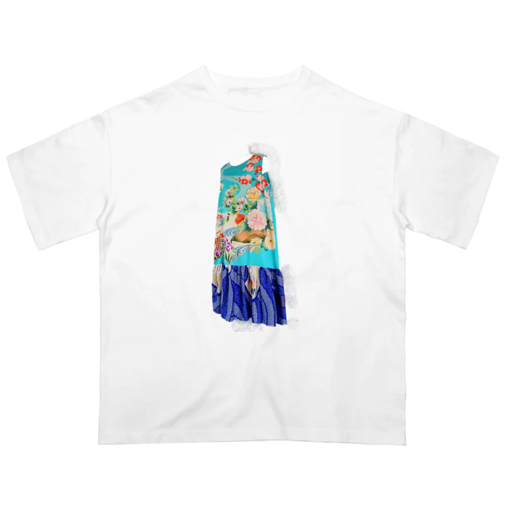 KeishopCreations - 日本の美をあなたにのハンドメイドリメイク着物青 Oversized T-Shirt