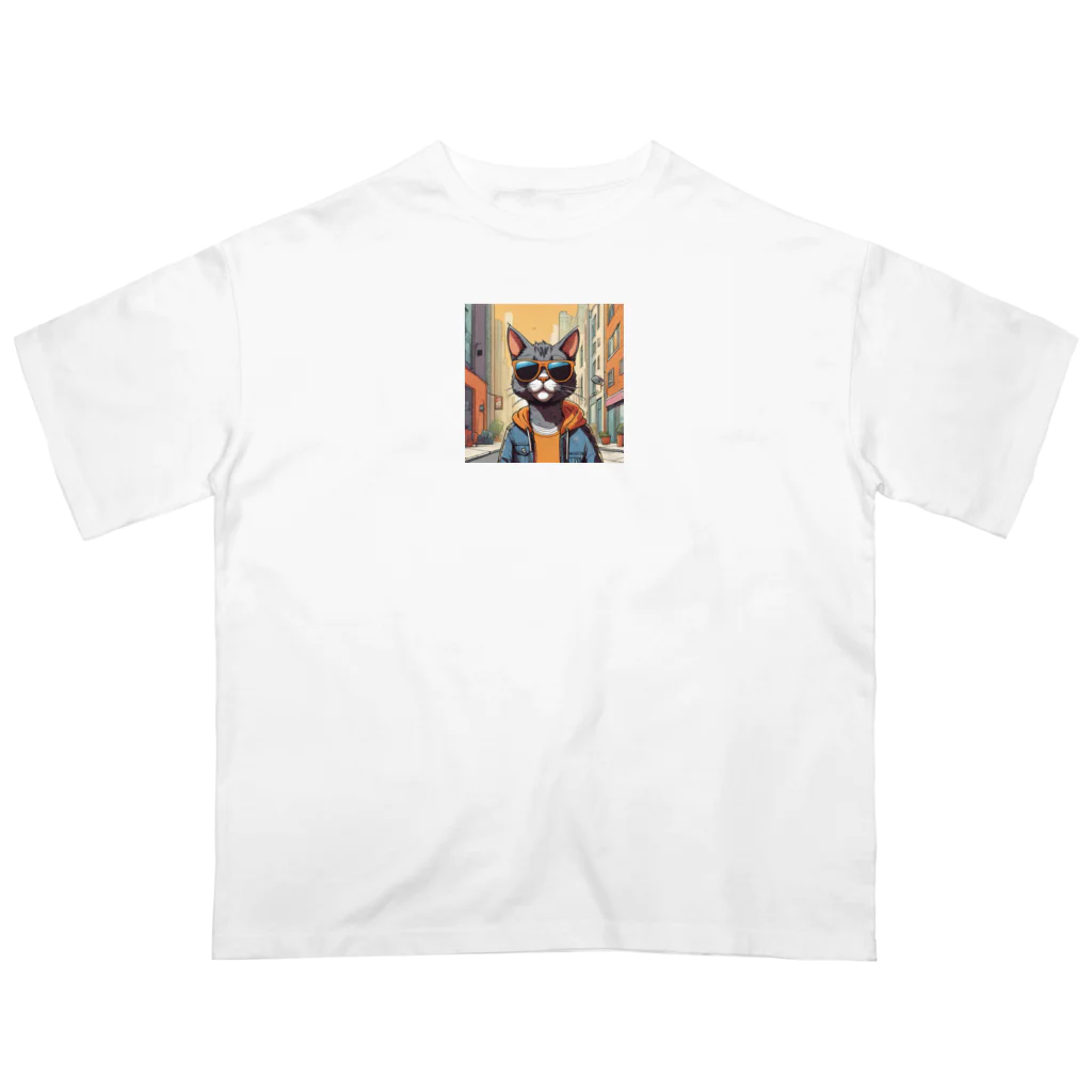 おかき屋のサングラス猫in都会 オーバーサイズTシャツ