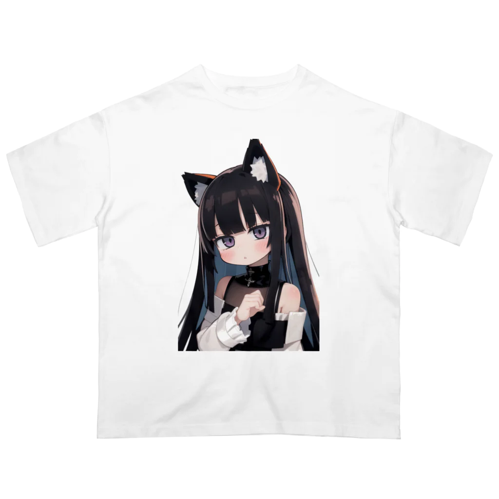 ケモ耳美少女キツネちゃん（AIart）の長い黒髪の愛らしい獣耳の少女 Oversized T-Shirt