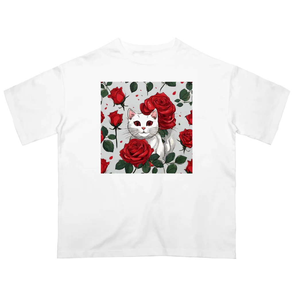 Feline-Bouquetの薔薇の中の猫 オーバーサイズTシャツ