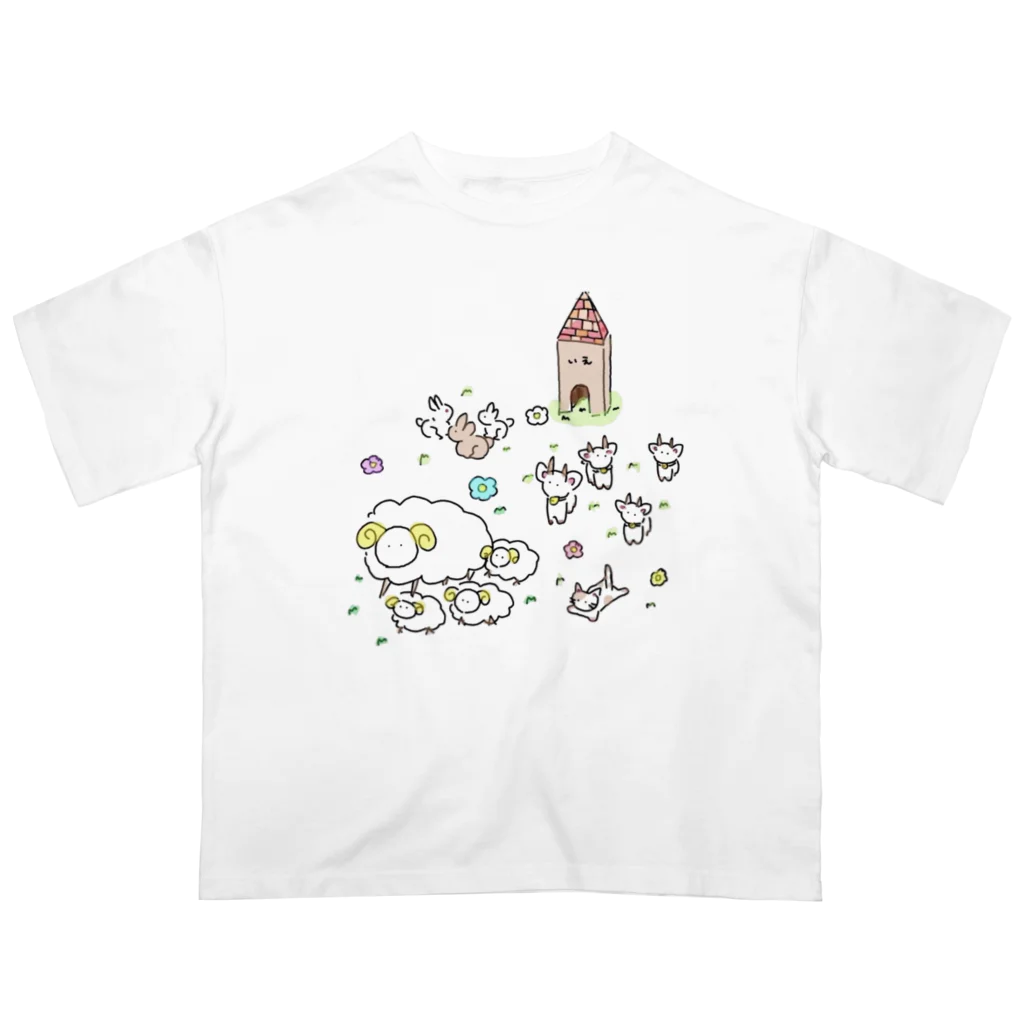 幸せの青い薔薇のぼくじょうのどうぶつ オーバーサイズTシャツ