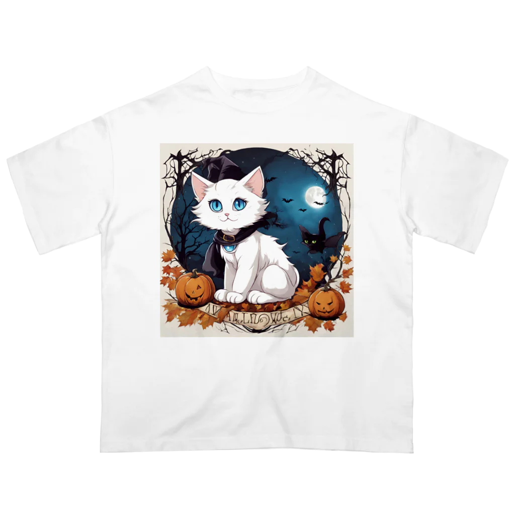 yoiyononakaのハロウィンの白猫08 オーバーサイズTシャツ